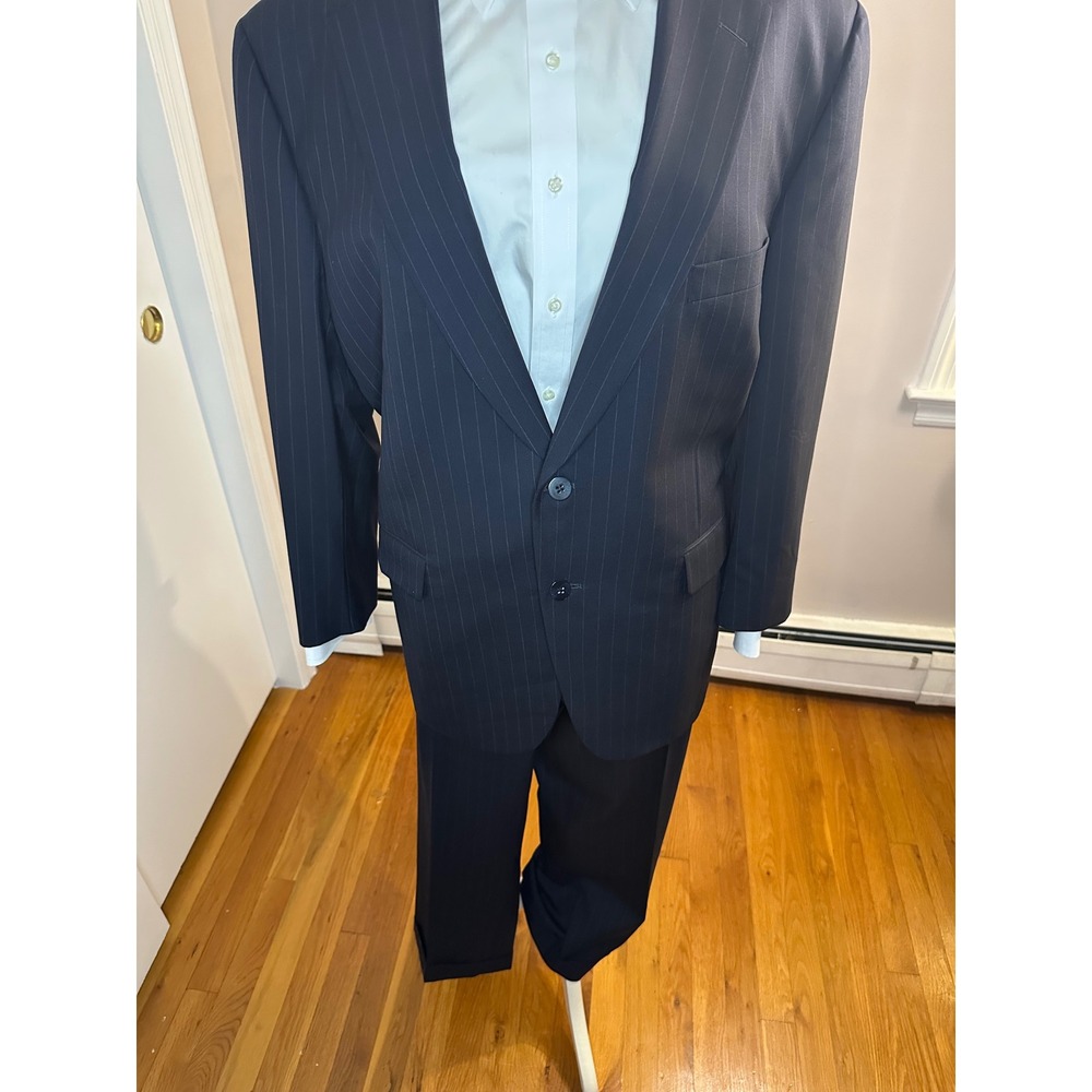 Paul Stuart Stuart III Suit 44S 38W Super 150s Wool Navy Pinstripe 2 Piece